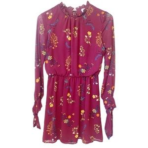WAYF Ruffle Neckline Floral Dress burgundy XS